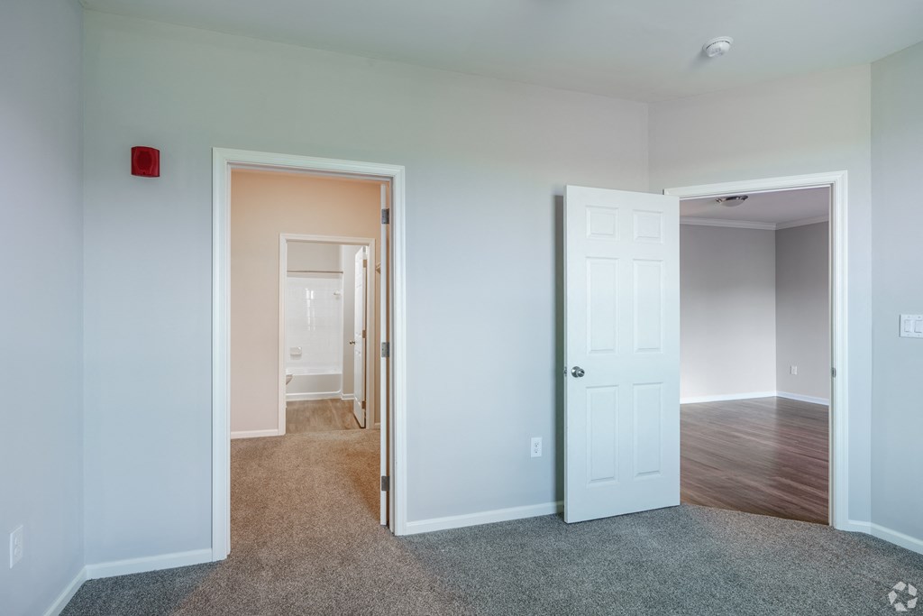 a bedroom with a door open to a hallway and a door to a living room