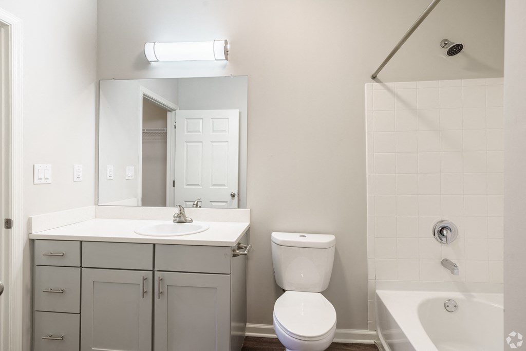 a bathroom with a toilet sink and mirror and a shower