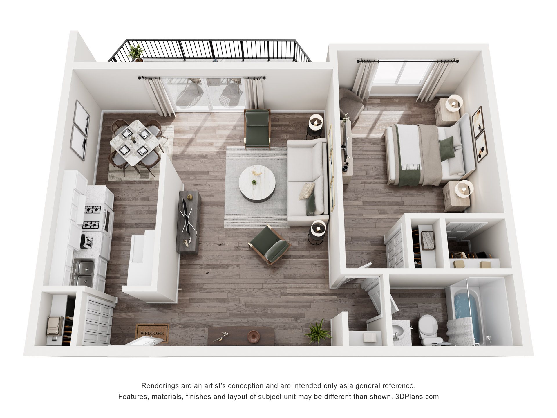 A 3D floor plan of a small apartment with a kitchen, living room, and bathroom.