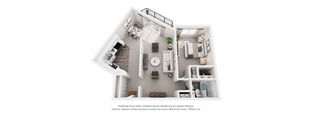 A 3D floor plan of a house with a kitchen, living room, and bathroom.