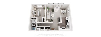 A 3D floor plan of a small apartment with a kitchen, living room, and bathroom.