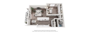 A 3D floor plan of a house with a kitchen, living room, and bathroom.