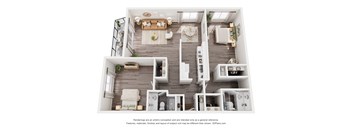 A 3D floor plan of a house with a living room, kitchen, and bathrooms.