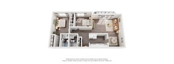 A 3D floor plan of a house with multiple rooms and furniture.