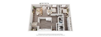 A 3D floor plan of a house with a living room, kitchen, and two bedrooms.