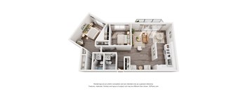 A 3D floor plan of a house with a kitchen, living room, and two bedrooms.