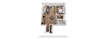 A 3D floor plan of an apartment with a kitchen, living room, and bathroom.