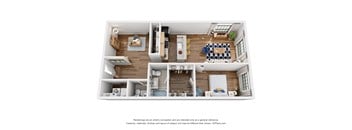 A 3D floor plan of an apartment with a kitchen, living room, and bathroom.