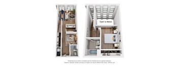 A 3D floor plan of an apartment with a kitchen, living room, and bathroom.