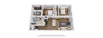 A 3D floor plan of an apartment showing a living room, kitchen, and two bedrooms.