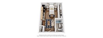 A 3D floor plan of an apartment with a kitchen, living room, and bathroom.