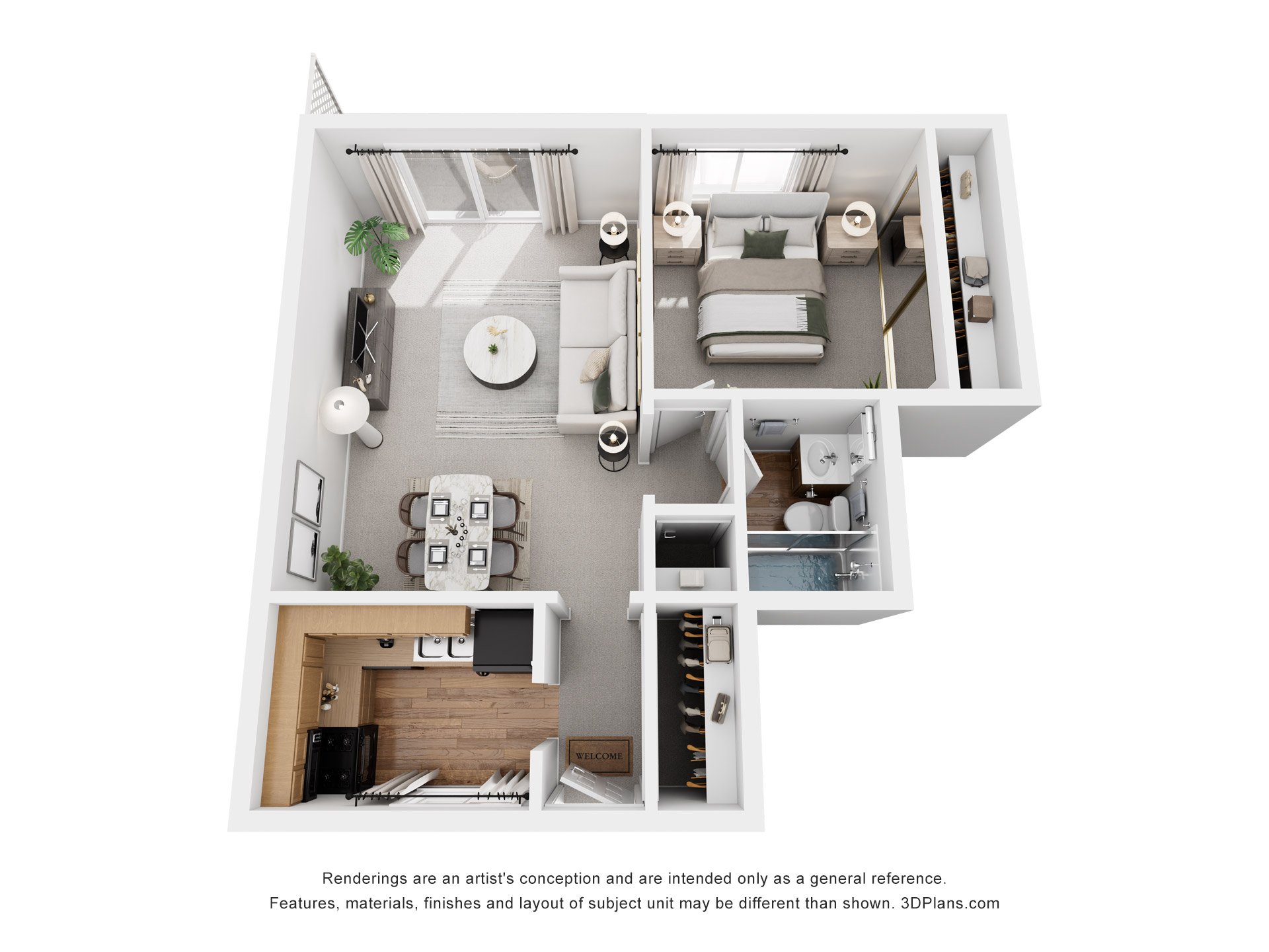 A 3D floor plan of a small apartment with a kitchen, living room, and bathroom.