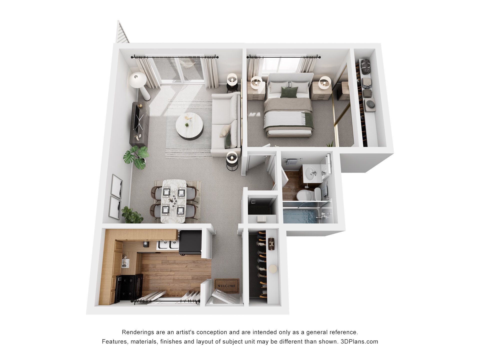 A 3D floor plan of a small apartment with a kitchen, living room, and bedroom.
