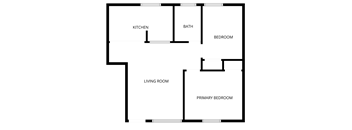A floor plan of a house with a living room, kitchen, bath, bedrooms and a primary bedroom.
