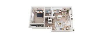A top-down view of a modern, well-organized apartment with a kitchen, living room, and bedroom.