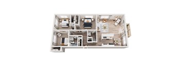 A top-down view of a well-organized apartment with a kitchen, living room, and bedrooms.