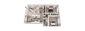 A top-down view of a small apartment with a kitchen, living room, and bedroom.
