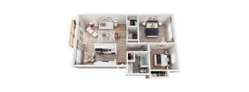 A top-down view of a small apartment with a kitchen, living room, and bedroom.