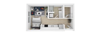 A top-down view of a small, neatly organized living space with a kitchen area.