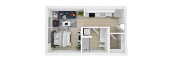 A top-down view of a modern bedroom with a bed, nightstand, and a desk with a chair.