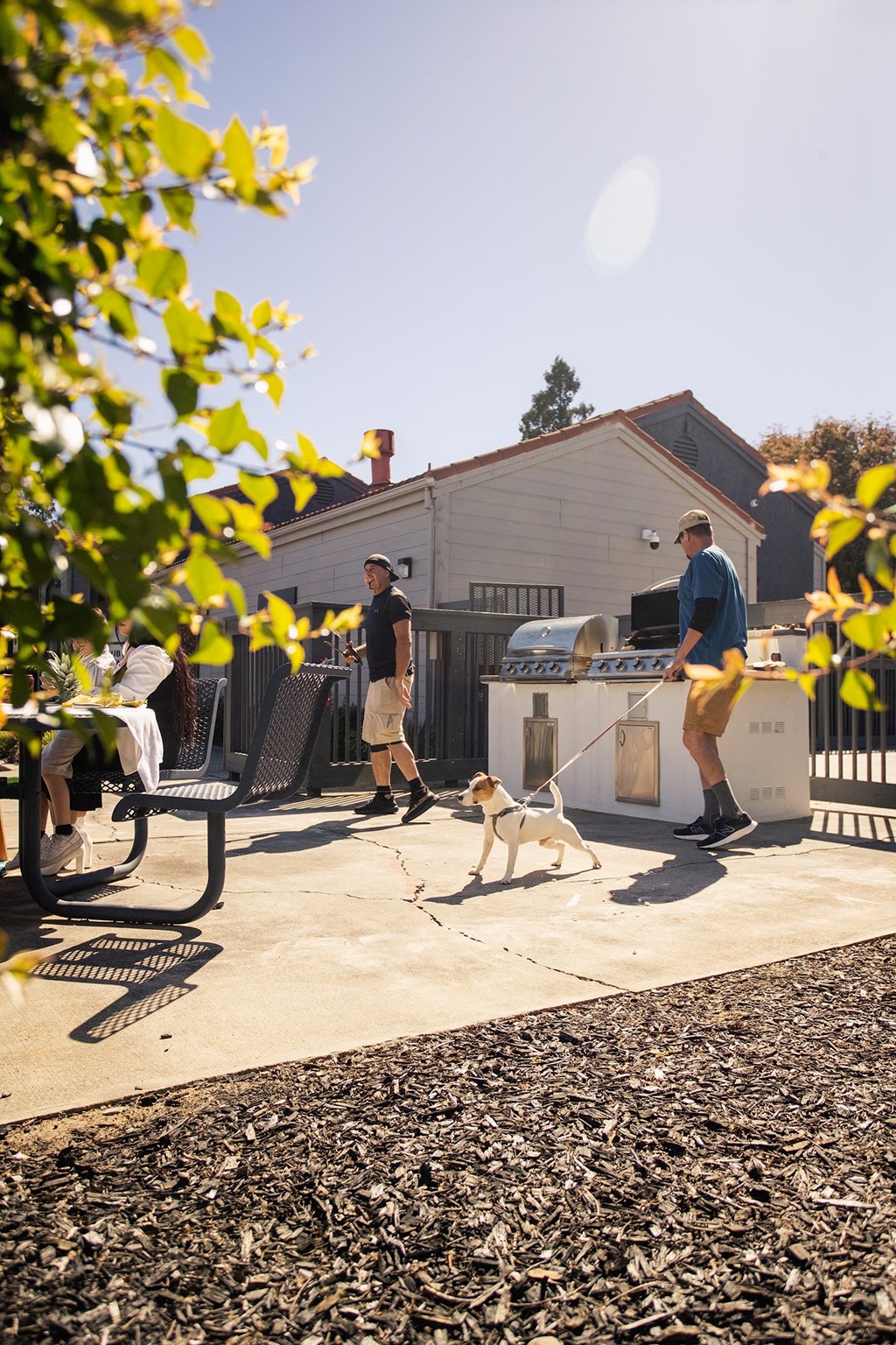 a man is standing on a patio with a dog