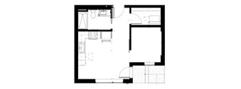 A black and white floor plan of a house with a kitchen, living room, and bathroom.