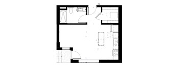 A black and white floor plan of a house with a kitchen, living room, and bathroom.