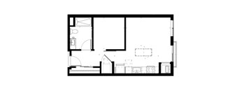 A black and white floor plan of a house with a kitchen, living room, and bathroom.