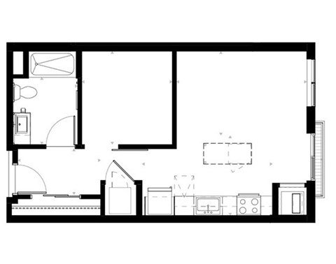 A black and white floor plan of a house with a kitchen, living room, and bathroom.
