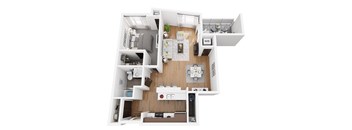 A top down view of a small apartment with a kitchen, living room, and bedroom.