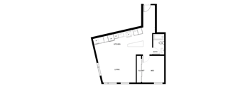 A floor plan of a small apartment with a kitchen, living room, bedroom and bathroom.