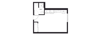 A floor plan of a room with a bath and a kitchen area.