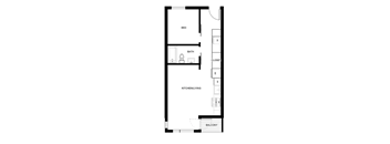 A floor plan of a small apartment with a bed, bathroom, kitchen/living area, closet, and balcony.