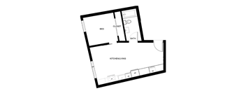 A floor plan of a small apartment with a bed, bathroom, and kitchen/living room.