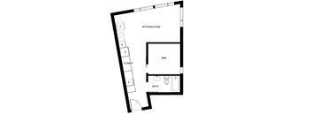 A black and white image of a floor plan for a small apartment with a kitchen, living room, bed, bathroom, and closet.