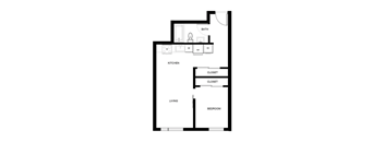 A black and white image of a floor plan for a small apartment.