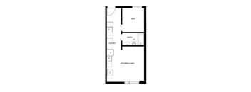 A floor plan of a small apartment with a bed, bathroom, kitchen/living area, and closet.