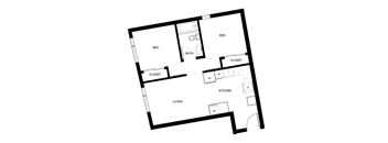 A black and white image of a house floor plan with a living room, kitchen, two bedrooms, a bathroom, and two closets.