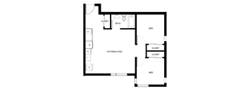 A black and white image of a floor plan for a small apartment.
