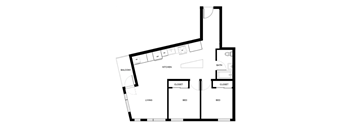 A black and white floor plan of a house with a balcony, kitchen, two bedrooms, two closets, and a bathroom.
