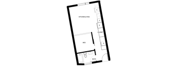 A floor plan of a small apartment with a kitchen, bed, bath, and closet.