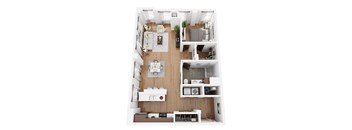 A top-down view of a small apartment with a kitchen, living room, and bedroom.
