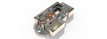 A 3D floor plan of an apartment with a living room, kitchen, and bathroom.