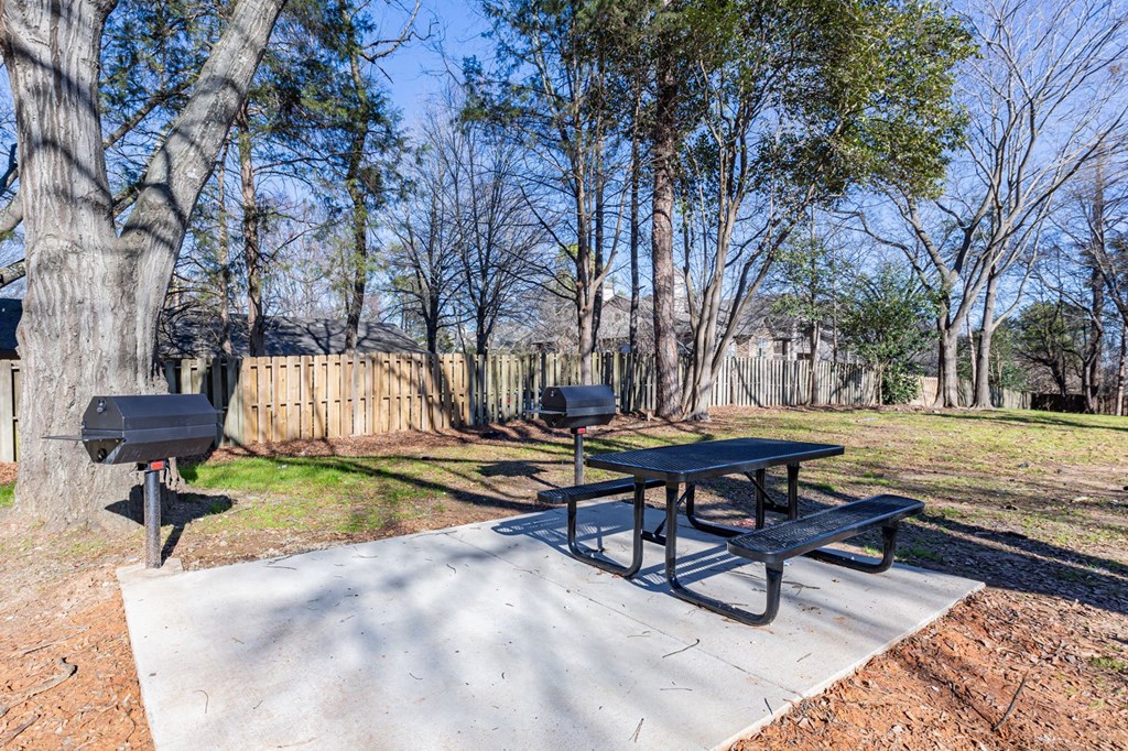 two picnic tables and two barbecue pits in a park at Sharon West, Charlotte, 28210