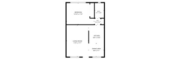 A floor plan of a house with a bedroom, bath, hall, kitchen, living room and dining area.