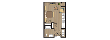 A floor plan of a room with furniture and appliances.