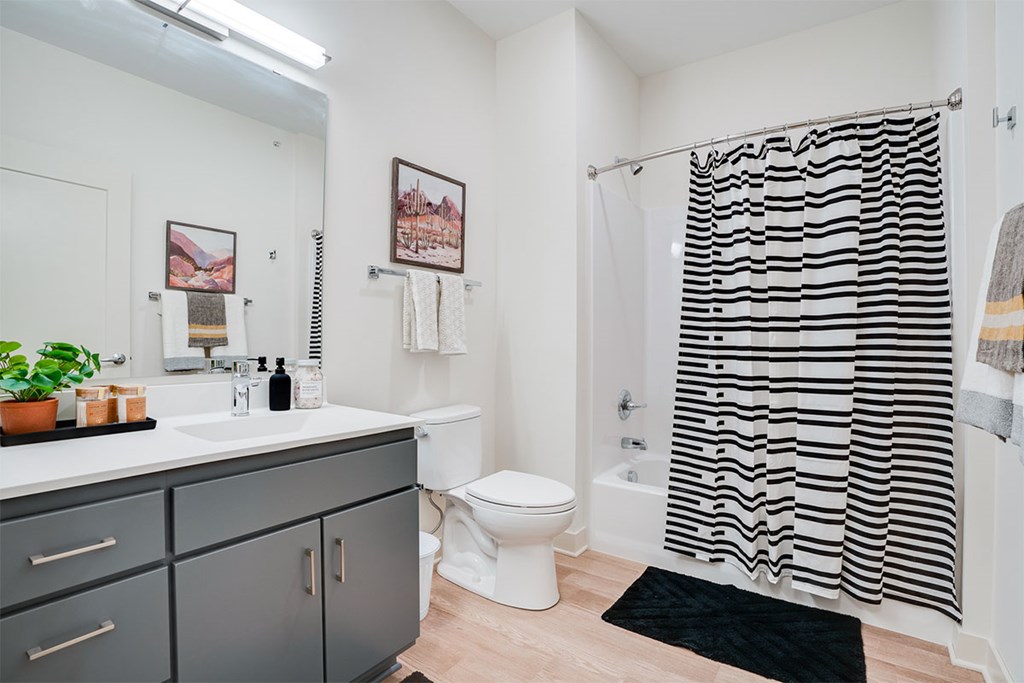 A bathroom with a white toilet, sink, and a shower curtain with black stripes. at Sora Apartments, Minneapolis, Minnesota
