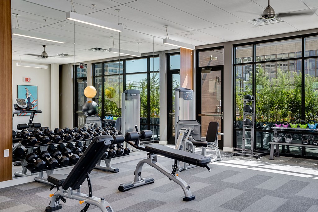 A gym with a variety of equipment including dumbbells, weight machines, and a bench press at Sora Apartments, Minnesota, 55415