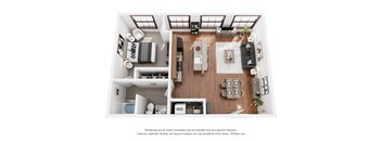 A 3D floor plan of a house with a kitchen, living room, and bathroom.