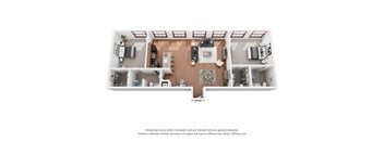 A 3D floor plan of a house with a kitchen, living room, and two bedrooms.